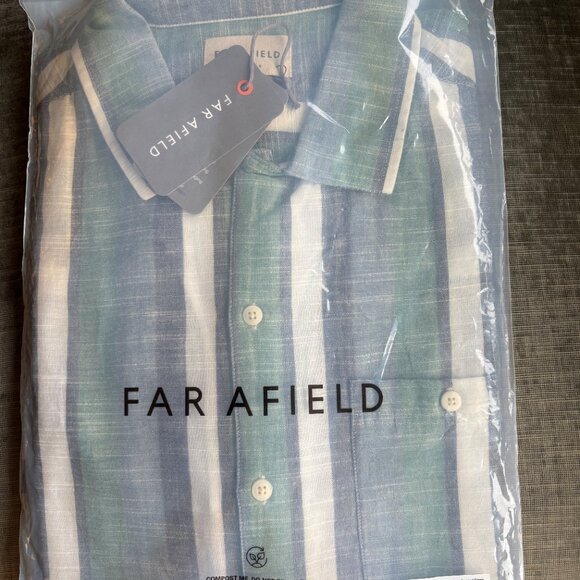 Far Afield Navy/ Green Stripe Selleck Shirt -NWT - Picture 5 of 5
